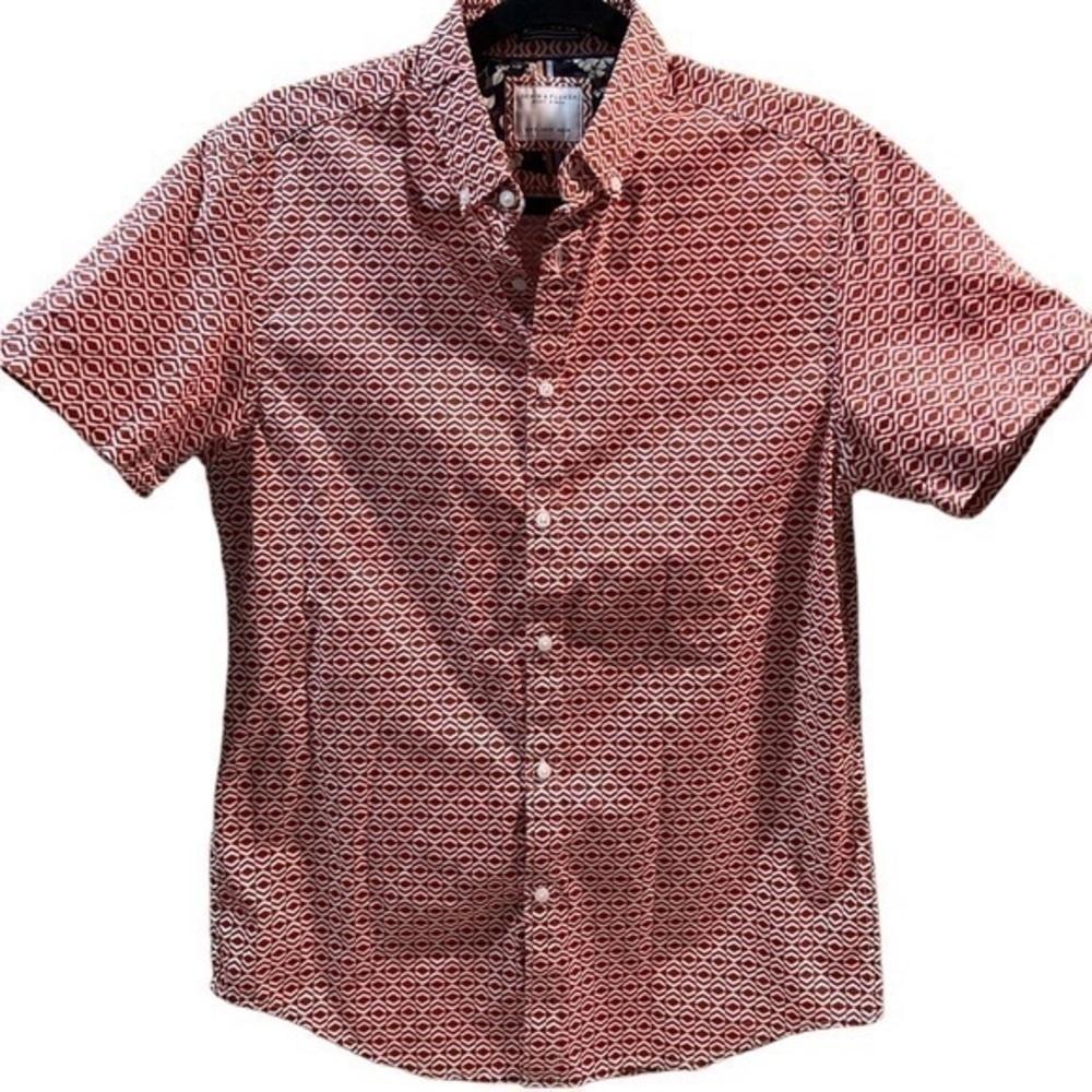 Denim & Flower 100% Cotton Retro Geometric Print Short Sleeve Button Front Small